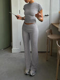 IFOMT Spring Outfits Gray Solid Slim Basic Sports Sexy 2 Pieces Yoga Sets Women O Neck Short Sleeve Tee & Chic Low Waist Skinny Pants Tracksuit S-XL