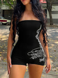 IFOMT Spring Outfits Sweetown Dragon Print Sleeveless Strapless Skinny Sexy Rompers Womens Black Chinese Style Playsuit Summer Baddie Short Overalls