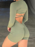IFOMT Spring Outfits Cross Backless Skinny Sexy 2 Pieces Outdoor Rompers And Long Sleeve Open Stitch Crop Top Womens Fitness Sports Playsuits
