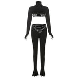 IFOMT Sexy Chain Trouser Suit Female FAshion Sequin Navel-Baring Long Sleeve high Waist Hollow Slim Pants Mathing Set  NewChristmas Gifts