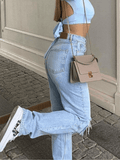 IFOMT Blue Wash Straight Leg Knee Ripped Jeans