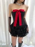 IFOMT Bow Tiered Ruffle Strapless Mini Dress