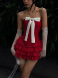 IFOMT Bow Tiered Ruffle Strapless Mini Dress