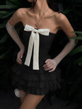 IFOMT Bow Tiered Ruffle Strapless Mini Dress