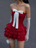 IFOMT Bow Tiered Ruffle Strapless Mini Dress