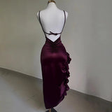 IFOMT Burgundy Ruffled High Slit Ruched Bust Dress