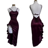 IFOMT Burgundy Ruffled High Slit Ruched Bust Dress