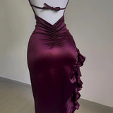 IFOMT Burgundy Ruffled High Slit Ruched Bust Dress