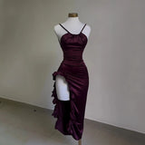 IFOMT Burgundy Ruffled High Slit Ruched Bust Dress