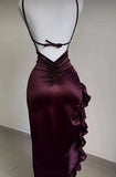 IFOMT Burgundy Ruffled High Slit Ruched Bust Dress