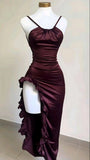 IFOMT Burgundy Ruffled High Slit Ruched Bust Dress