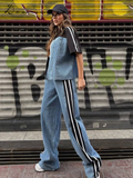 Ifomt Striped Short Sleeved Pants Sets Women Patchwork Lapel Zipper Jacket Elastic Waist Straight Trouser 2025 Summer Casual Lady Suit