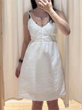 Ifomt Five Button V-neck Women Dress Cotton Blend White Tie-up A-line Short Dress For Women Loose Solid Color White Casual Dresses