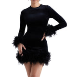 IFOMT Outfits Women's Elegant Long Sleeve Round Neck Feather Patchwork Slim Fit Mini Party Bodycon Party Club Pencil Dress vestido