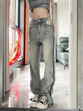 IFOMT Low Rise Washed Straight-Fit Slit Wide-Leg Jeans