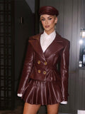 IFOMT Party Otufit Street Leather Women 2 Piece Set Long Sleeve Lapel Double Breasted Coat Pleated Mini Skirt Suit 2024 Retro PU Jacket Skirts Sets