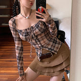 Ifomt Checkered Square Collar Mesh Shirt for Women Summer Slim Fit Long Sleeved T-Shirt Top Retro Elastic Sexy Bodysuits Spring Style 2025