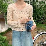 Ifomt Long Sleeve Crochet Top for Women Sheer Button Up Hollow Out Openwork Knit Cardigan Jacket Spring Summer Boho Vacation Outfit Casual Outfit