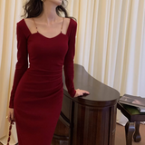 IFOMT Women 2024 Autumn Winter Elegant Dress Party Evening Clothing Metal Sling Bodycon Long Sleeves Midi Dress For Office Lady