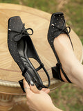 IFOMT Belt Buckle Rhinestone Split-Joint Square-Toe Pumps Sling Shoes