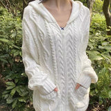 Ifomt New White Twist Hooded Sweater Women Autumn Winter Loose Cute Long Sleeve Knitted Cardigan Sweet Vintage Preppy Style Jumper Top