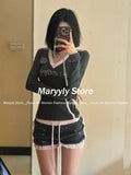 Ifomt American Vintage Spice Girl 2 Piece Set Women Sexy V-neck Long Sleeve Slim Tops + Y2k High Waist Shorts Sweet Sprots Suits 2024 outfit inspo