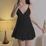IFOMT Women Sexy Deep V-Neck Spaghetti Straps Adjustable A-line Mini Dress Summer Beach Vacation Party Low-cut Backless Dresses
