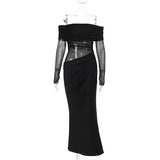 IFOMT Sexy One-Shoulder Mesh Hollow Dress For Women Ruched Irregular Splice Elegant Long Dress Fashion Holiday Party ClothingChristmas Gifts