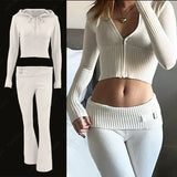 IFOMT New Knitted Hoodie Cropped Top And Pants Sets White Y2k Casual Outfits Low Waist Knit Two Piece Sets For Women TracksuitChristmas Gifts