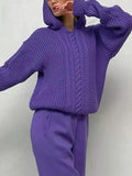 IFOMT Solid Color Hooded Cable Knit Sweater