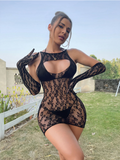 IFOMT Leopard Lace Embroidery Mini Dress Women Nigh Club Party Lingerie Outfits Dresses With Gloves Bodycon See-through Dress