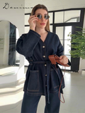 Ifomt Street Belt Denim Jacket Pants Set Women V-neck Single Breasted Pockets Coat Straight Wide Leg Jean 2025 Spring Retro Lady Suits