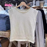 Ifomt New Autumn College Style Knitted Vest Short Sleeve Sweet Knitting T-shirt Round Neck Soid Color Simple Y2K Tank Top Korean