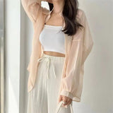 IFOMT Perspective Shirts Women Sheer Thin Chic Summer Simple Solid Sun-proof Top Fashion Blouse Baggy All-match Basic Korean Clothing