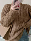 IFOMT Solid Crew Neck Cable Knit Sweater