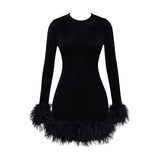 IFOMT Outfits Women's Elegant Long Sleeve Round Neck Feather Patchwork Slim Fit Mini Party Bodycon Party Club Pencil Dress vestido