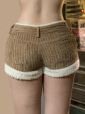 IFOMT Spring Outfits Autumn Trendy New Women’s Corduroy Short Fashion Simple All-Match Faux Fur Trim Spliced Design Short Pants