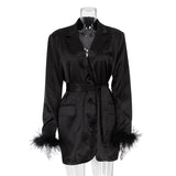 IFOMT Lace Up Blazer Dress For Women Feather Splice Black Long Sleeve Fashion Dresses Femme Party Temperament Vestido LadiesChristmas Gifts