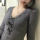 IFOMT Sexy Lace Bow Patchwork Black Crop Top Women V-Neck T-shirt Skinny Long Sleeve Versatile Slim Tee Shirt Female Streetwear 2024