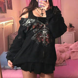 IFOMT Outfit Women Y2K Vintage Grunge Gothic Loose Coat Long Sleeve Skull Print Sweatshirt Outwear with Pocket Jacket with Zipper