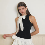 IFOMT Outfit Fashion Slim Fit Bodysuits Sleeveless Half High Neck One Line Shoulder Bow Pullover Sexy Versatile Bodysuit For Women