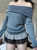 IFOMT Bow Patchwork Off Shoulder Cable Knit Sweater