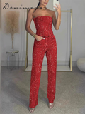Ifomt Rhinestones Denim Vest Jeans Set Women Slim Sleeveless Strapless Empire Waist Zipper Pocket Pencil Trouser 2025 Summer Lady Suit