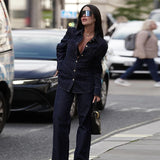 Ifomt Street Denim Shirt Jean Set Women Lapel Waist Up Long Sleeve Single Breasted Pocket Jacket Straight Trousers 2025 Lady Outfit