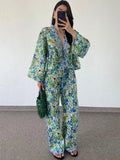 IFOMT Party Otufit Fashion Print Two Piece Sets Women Trendy Loose Long Sleeve Lace Up Shirts Wide Legs Trousers 2 Piece Set Female Commuting Suits