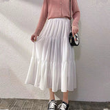 IFOMT Summer Women Chiffon Skirts Vintage High Waist Elastic Patchwork White Black Chic Mid Length Cake A-line Skirt for Student