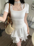 IFOMT Fake Two Pieces Lace Neck Hanging Short Sleeved T-shirts for Women Summer Tops Sexy Desire Design Versatile Irregular U-neck Top