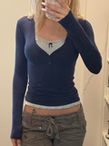 IFOMT Patchwork Fake Two-piece T-shirt Vintage Crop Top Women Y2k Basic Skinny Full Sleeve T Shirts 2000s Aesthetic Fall Top Casual