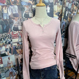 Ifomt Chic Hollow Out Pink Long Sleeve T-Shirt Summer Round Neck Buttons Cotton Slim Sexy Top for Woman Vintage Sweet Cute Y2k Tops