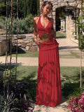Ifomt Sexy V Neck Solid Color Halter Tops Suit Women Elegant Pleat High Waist Midi Skirt 2pcs Set New Summer Lady Vocation Beach Robes